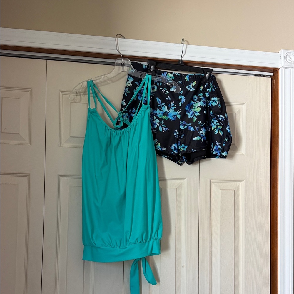 Women’s Teal Tankini Top and Floral Swim Shorts Set